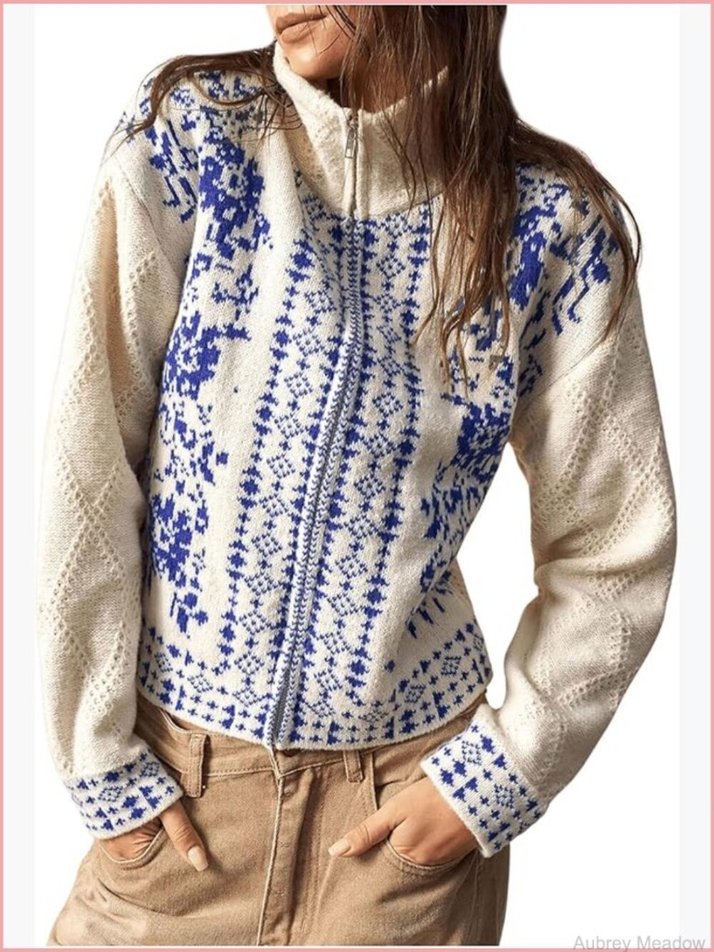 Zip Front Floral Print Knit Cardigan Sweater Long Sleeve Boho